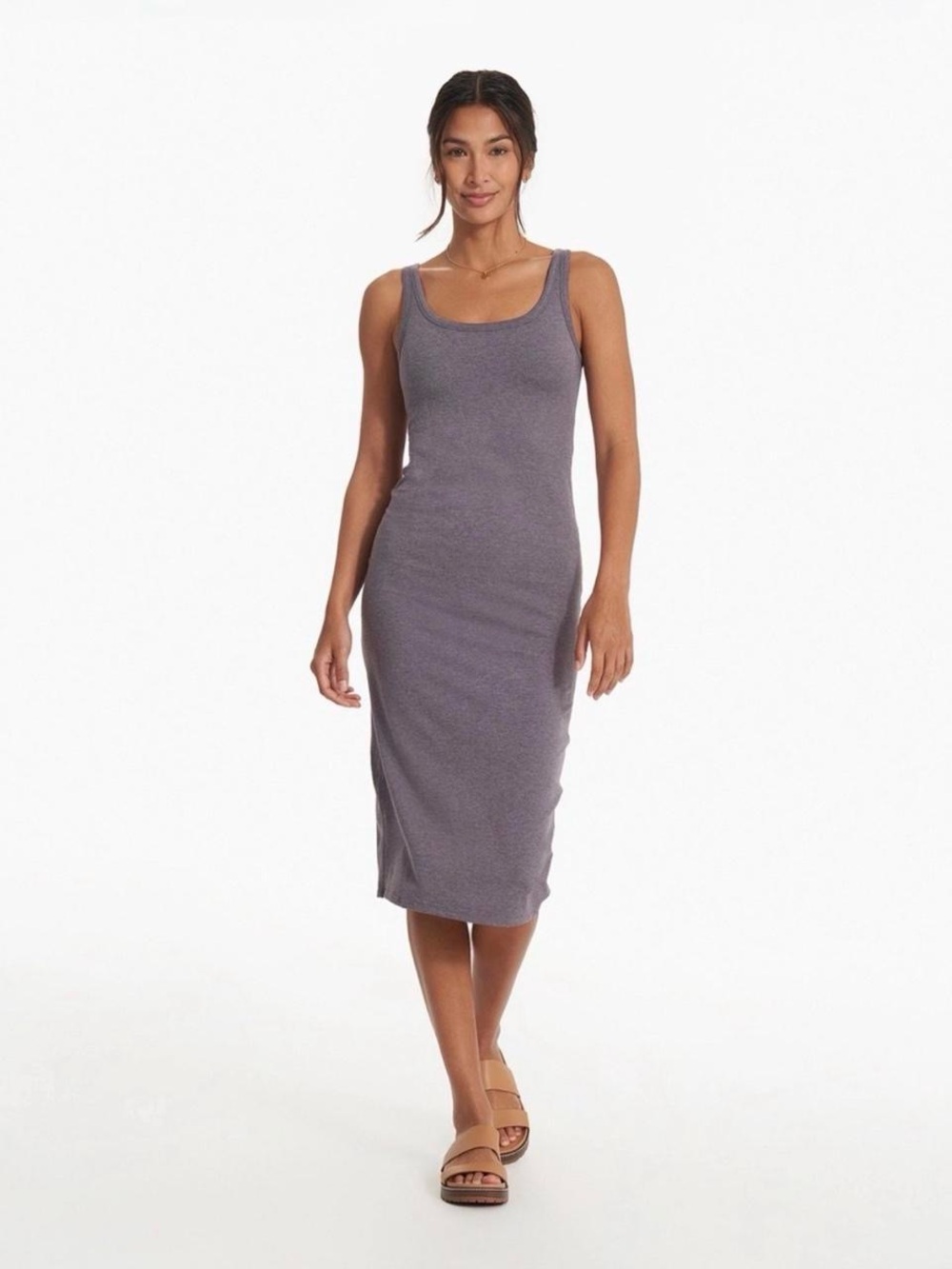 Vuori Scoop-Neck Ribbed Midi Dress in Heathered Lavender